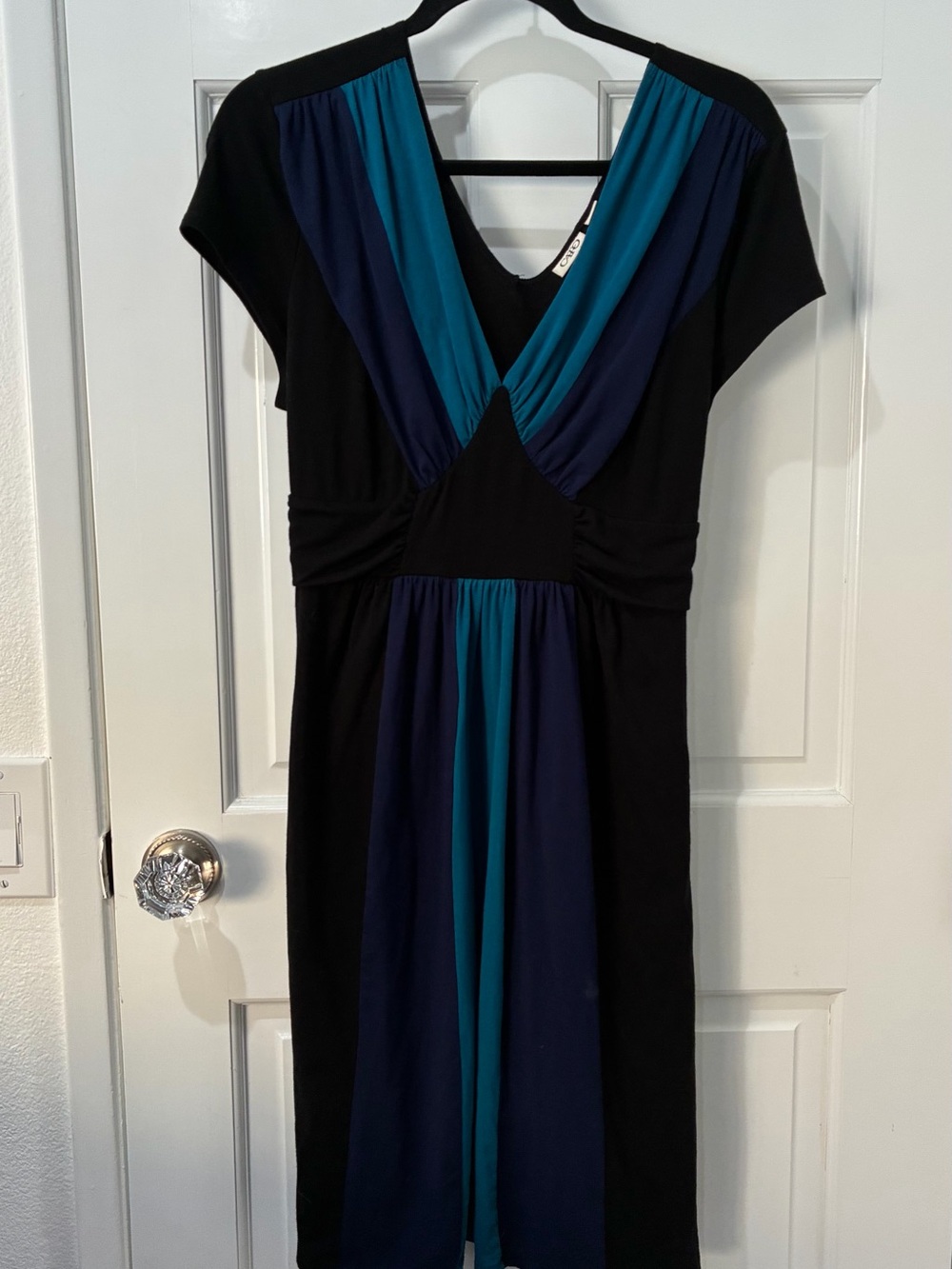 Cato color block midi dress with teal & navy v-panels, XL